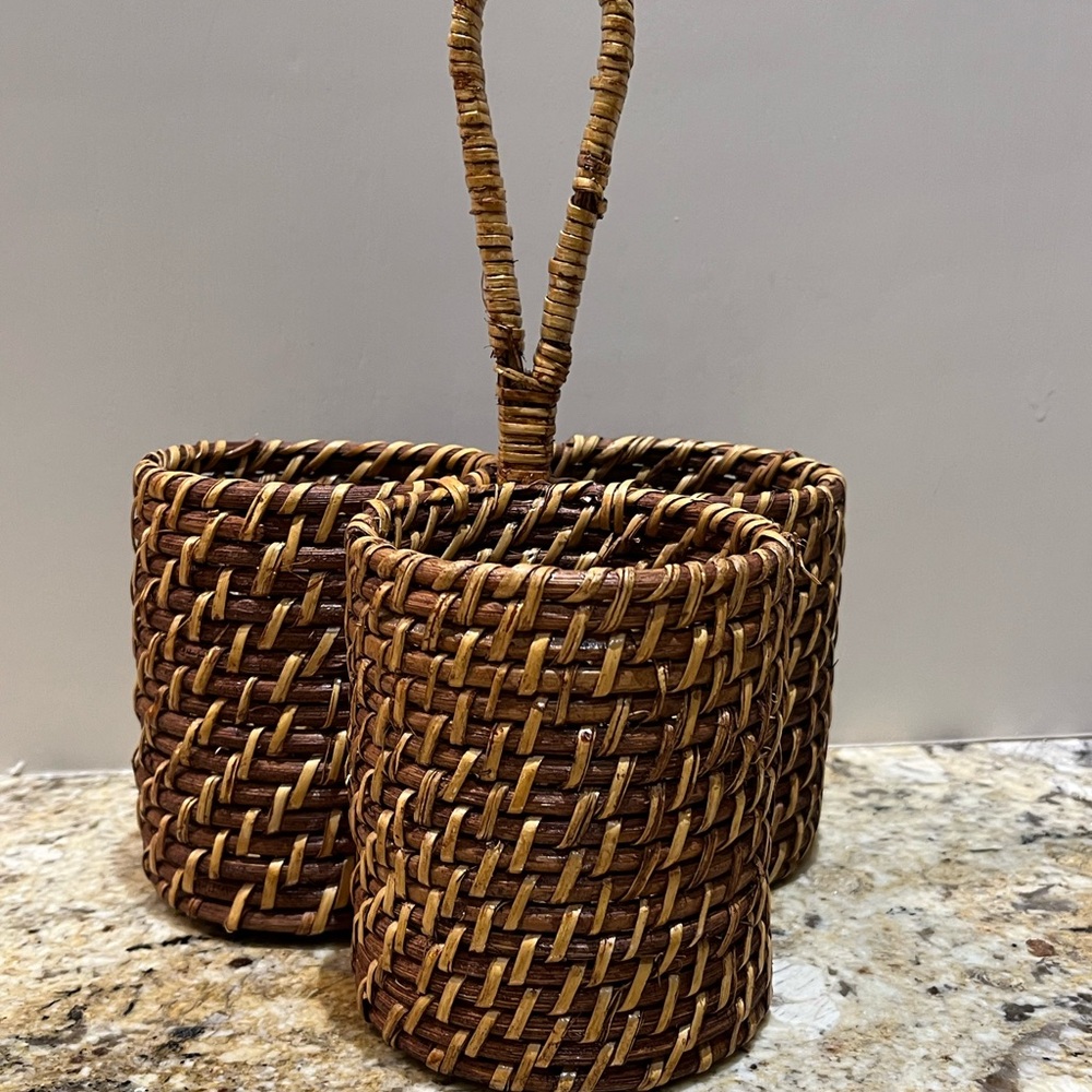 Vintage 3 Slot Rattan Woven Utensil Caddy  Natural